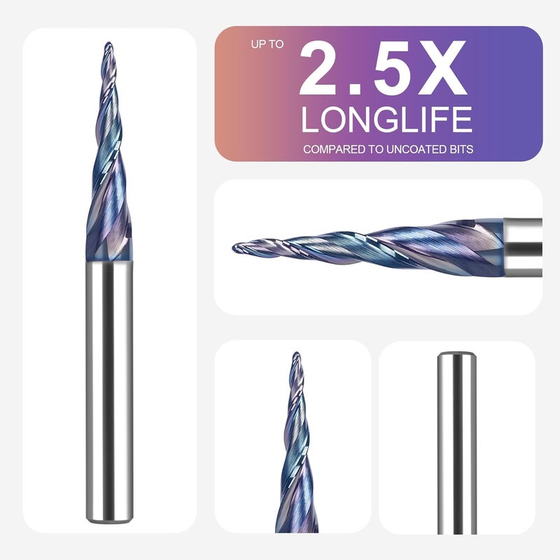 SpeTool TAC Coated Tapered Ball Nose End Mill 1/4" Shank 1/32" Cutting Radius, CNC Router Bit for 3D Carving Engraving - Image 2